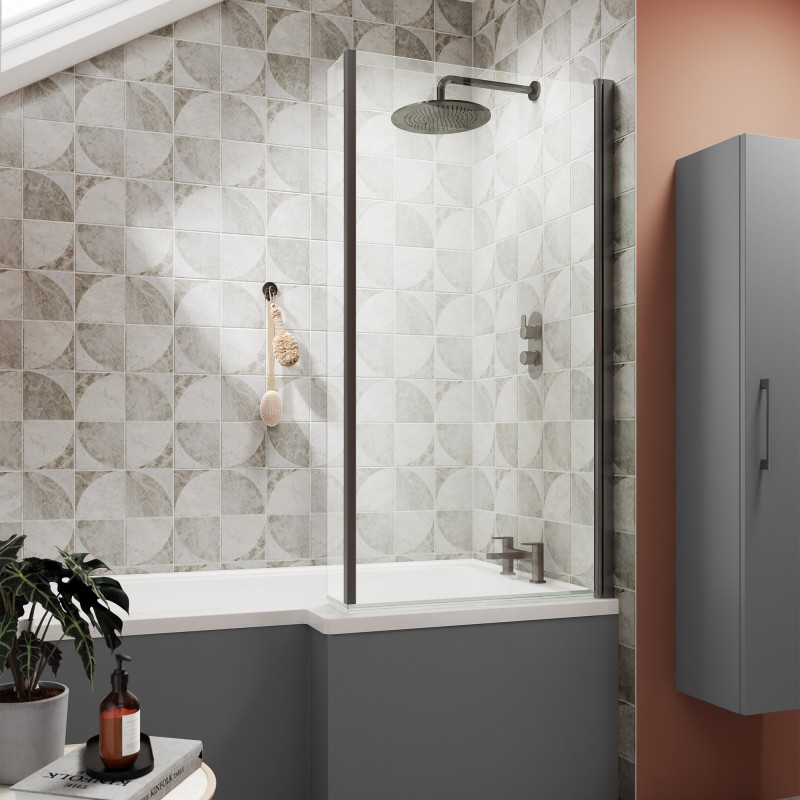 Brushed Pewter L-Shaped Bath Screen & Fixed Return 815mm(w) x 1400mm(h) - 6mm Glass - Insitu