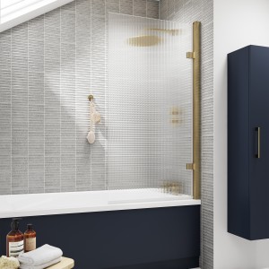 Square Hinged Fluted Bath Screen - 8mm - Brushed Brass