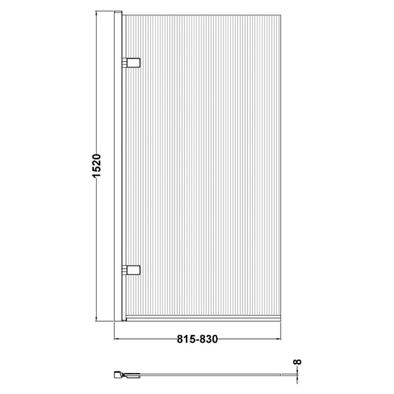 Brushed Brass Fluted Bath Screen 830mm(w) x 1520mm(h) - 8mm Glass - Technical Drawing