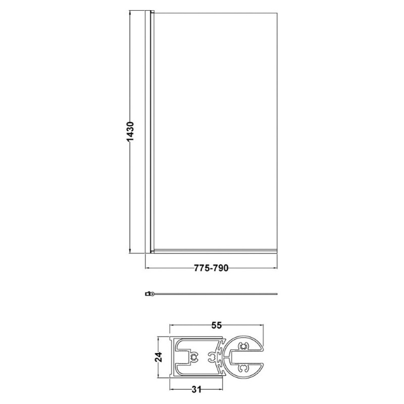 Brushed Pewter Square Bath Screen 790mm(w) x 1430mm(h) - 6mm Glass - Technical Drawing