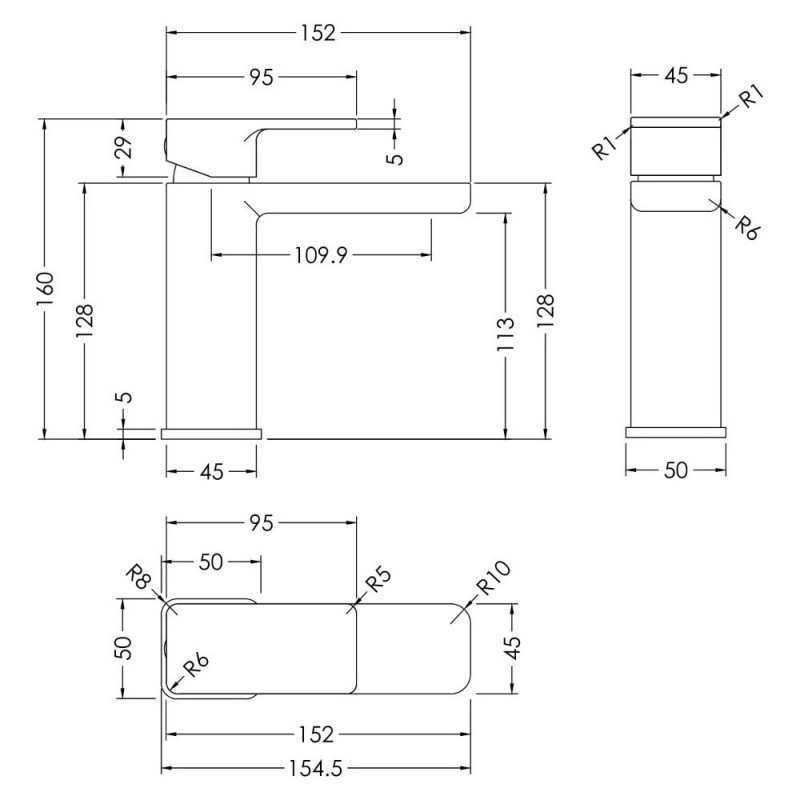 Windon Mono Basin Mixer with Push Button Waste - Brushed Bronze - Technical Drawing