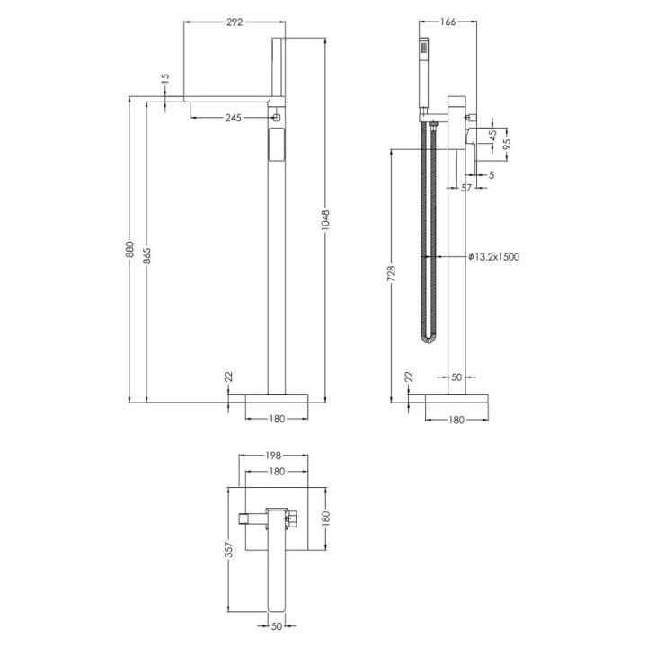 Windon Freestanding Bath Shower Mixer with Kit - Brushed Bronze - Technical Drawing