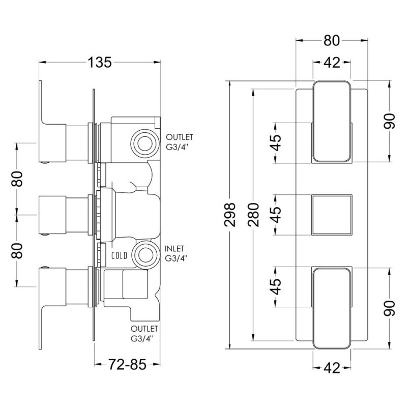 Windon Triple Thermostatic Valve with Diverter - Brushed Brass - Technical Drawing