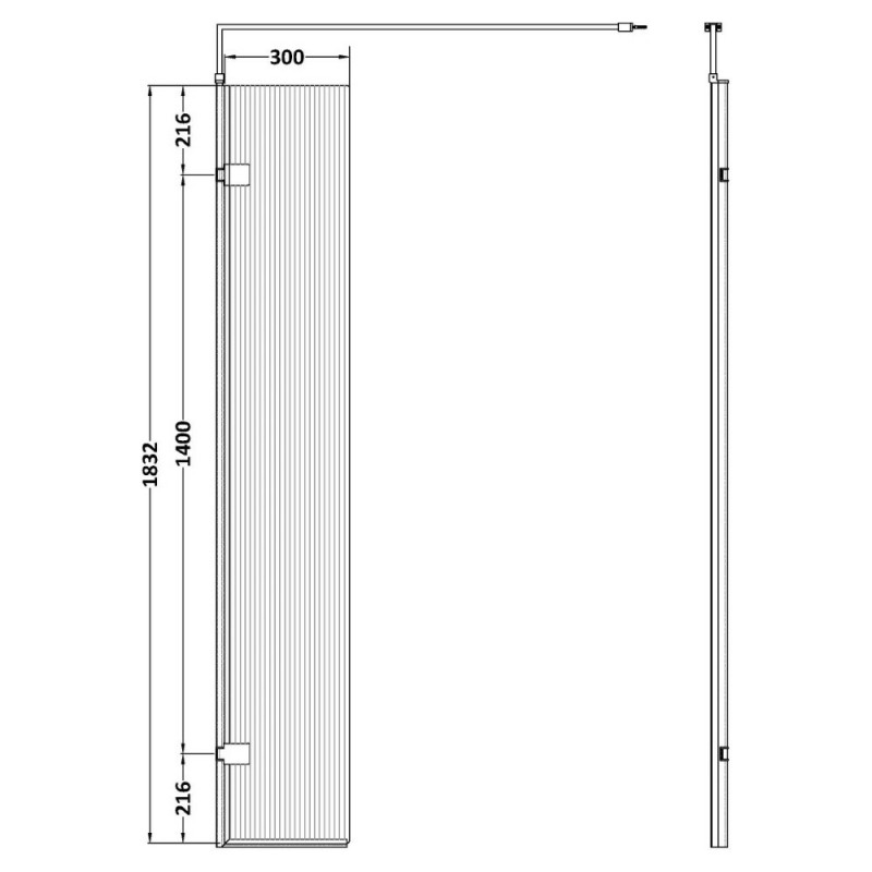 300mm (w) x 1850mm (h) Fluted Return Swing Screen - Brushed Pewter - Technical Drawing