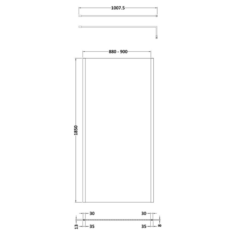 900mm (w) x 1850mm (h) Wetroom Screen with Outer Frame - Brushed Pewter - Technical Drawing