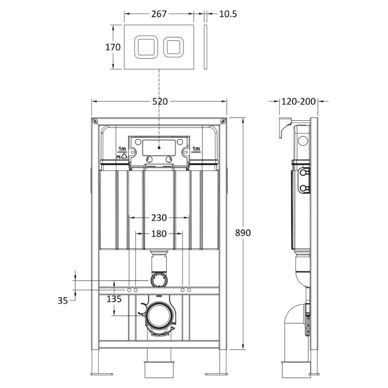 Dual Flush Concealed Cistern Frame with Square Chrome Flush Plate - Technical Drawing