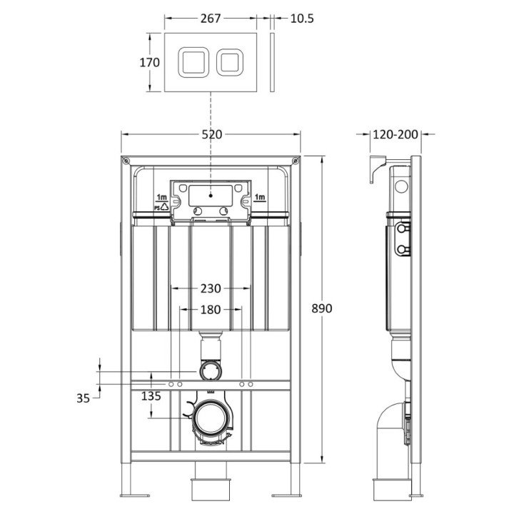 Dual Flush Concealed Cistern Frame with Square Chrome Flush Plate - Technical Drawing