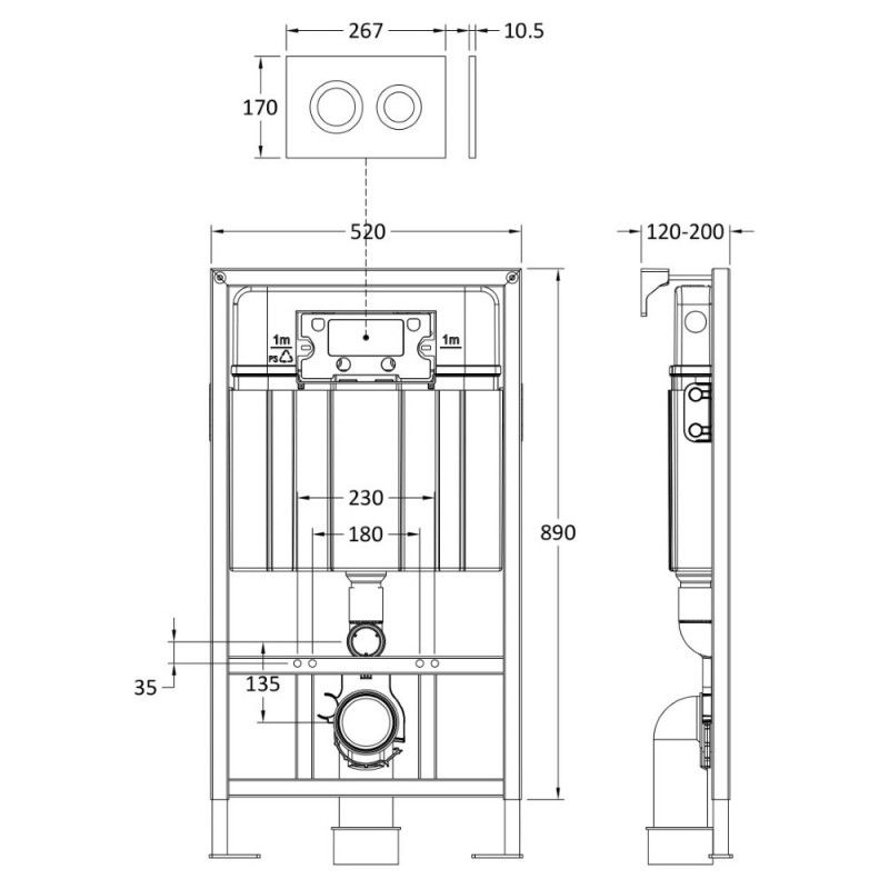 Dual Flush Concealed Cistern Frame with Round Brushed Brass Flush Plate - Technical Drawing