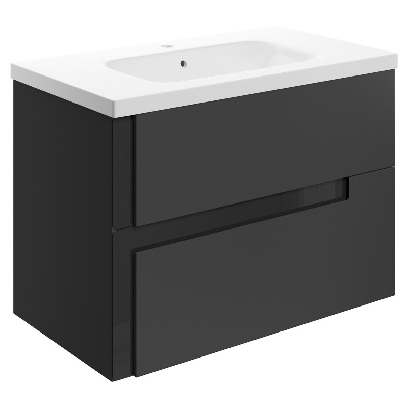 Hiroshi 815mm (W) x 610mm (H) x 760mm (D) Wall Hung 2 Drawer Basin Unit & White Basin - Matt Black & Glass