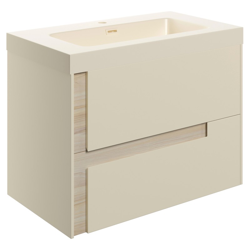 Hiroshi 805mm (W) x 610mm (H) x 760mm (D) Wall Hung 2 Drawer Basin Unit & Co-ordinating Basin - Matt Cotton & Oak Effect