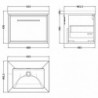 600mm Wall Hung Single Drawer Vanity with Basin - 0 Tap Hole - Technical Drawing