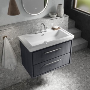 Lille 800mm Wall Hung 2 Drawer Vanity with Clasic Fireclay 3 Tap Hole Basin - Graphite Grey Woodgrain