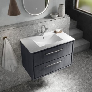 Lille 800mm Wall Hung 2 Drawer Vanity with Minimalist Ceramic Basin - Graphite Grey Woodgrain