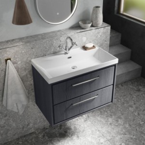 Lille 800mm Wall Hung 2 Drawer Vanity with Thin-Edge Ceramic Basin - Graphite Grey Woodgrain