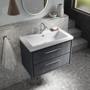 Lille 800mm Wall Hung 2 Drawer Vanity with Contemporary Fireclay Basin - Graphite Grey Woodgrain