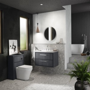 Lille 800mm Wall Hung 2 Drawer Vanity with Contemporary Fireclay Basin - 3 Tap Hole - Graphite Grey Woodgrain