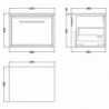 600mm Wall Hung Single Drawer Vanity with Marble Worktop - Technical Drawing