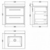 600mm Wall Hung 2-Drawer Vanity with Marble Worktop Basin - Technical Drawing