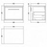 600mm Wall Hung Single Drawer Vanity with Worktop - Technical Drawing