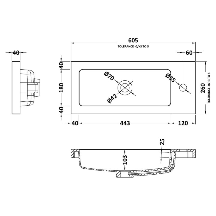 600mm (w) x 255mm (h) x 135mm (d) Compact Polymarble Basin - Technical Drawing