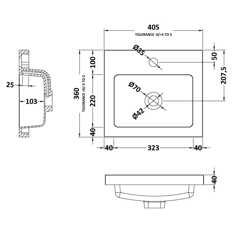 400mm (w) x 355mm (h) x 135mm (d) Polymarble Basin (Compatible With Hudson Reed Fusion Fitted Furniture) - Technical Drawing