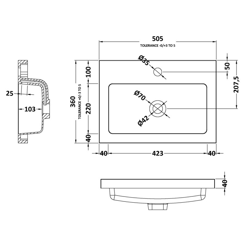 500mm (w) x 355mm (h) x 135mm (d) Polymarble Basin (Compatible With Hudson Reed Fusion Fitted Furniture) - Technical Drawing