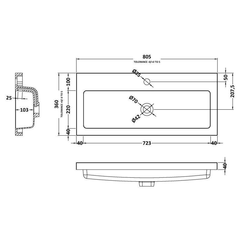 800mm (w) x 355mm (h) x 135mm (d) Polymarble Basin (Compatible With Hudson Reed Fusion Fitted Furniture) - Technical Drawing