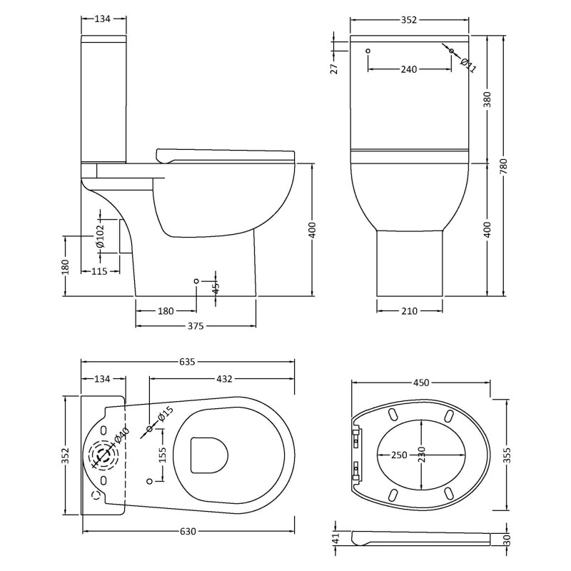 Fantine Rimless Pan Cistern & Seat Pack - Technical Drawing