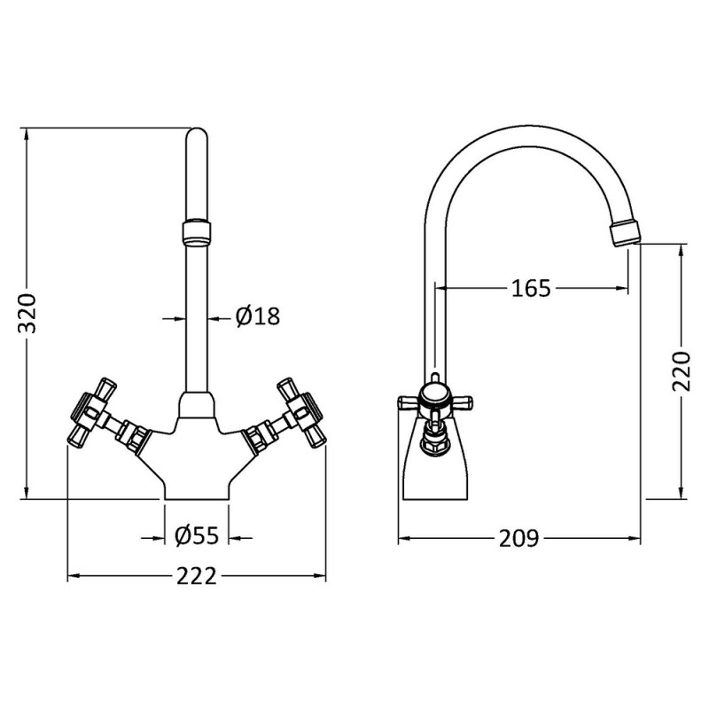 Traditional Mono Crosshead Handle Sink Mixer Tap - Brushed Nickel - Technical Drawing