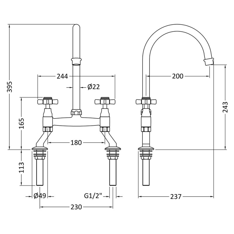 Traditional 2 Tap Hole Bridge Mixer Tap with Crosshead Handles - Brushed Nickel - Technical Drawing