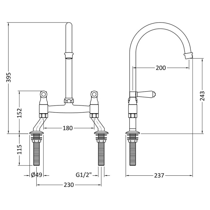 Traditional 2 Tap Hole Bridge Mixer Tap with Lever Handles - Brushed Brass - Technical Drawing