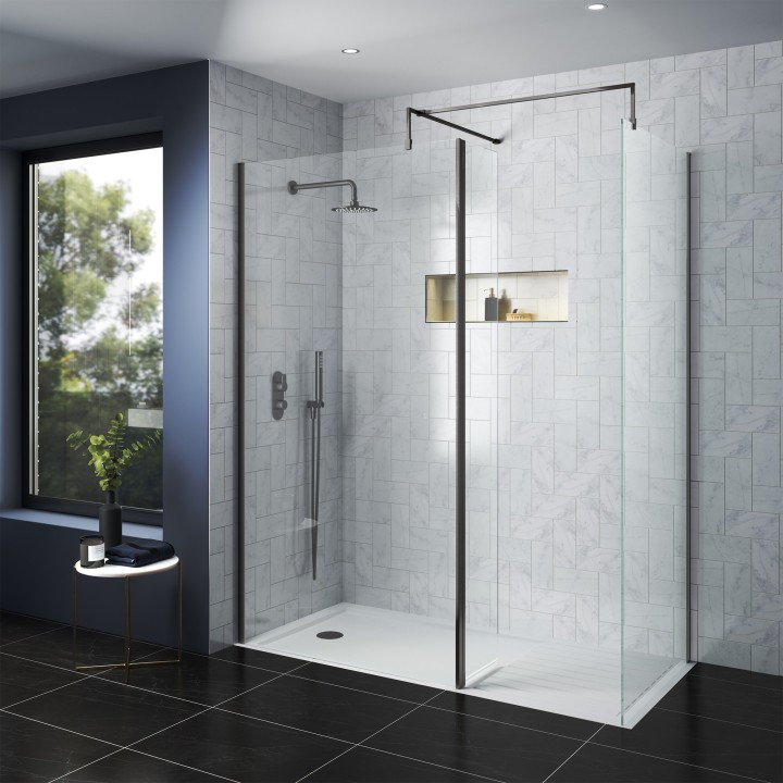 Wall Fixed 8mm Wetroom Shower Screens 1850mm(H) - Brushed Pewter (Includes x1 Wall Bracket) - 11 Sizes