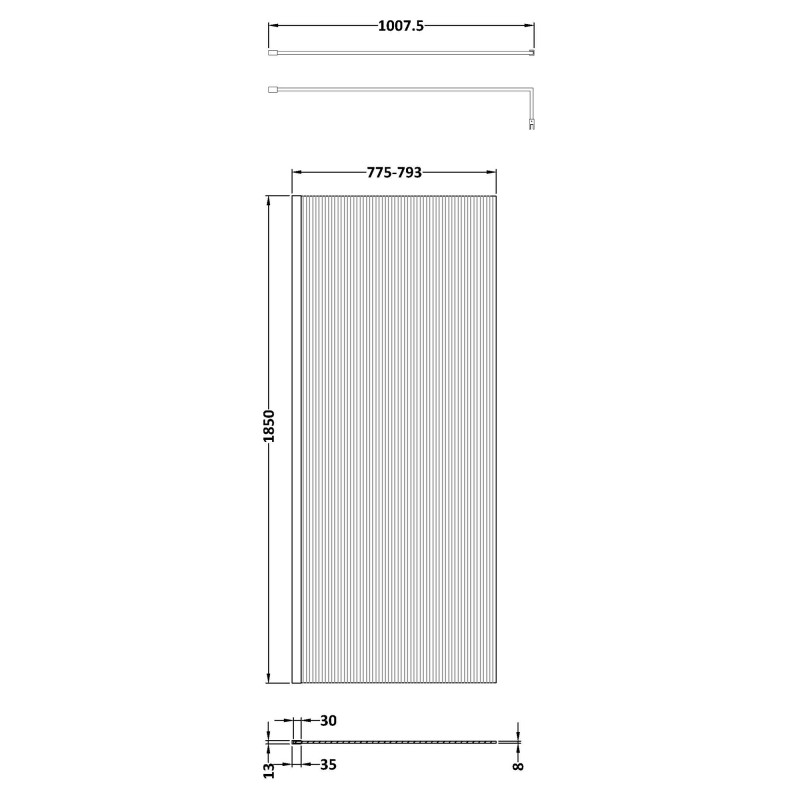 Wall Fixed 8mm Fluted Wetroom Glass Screens 1850mm(H) - Brushed Pewter