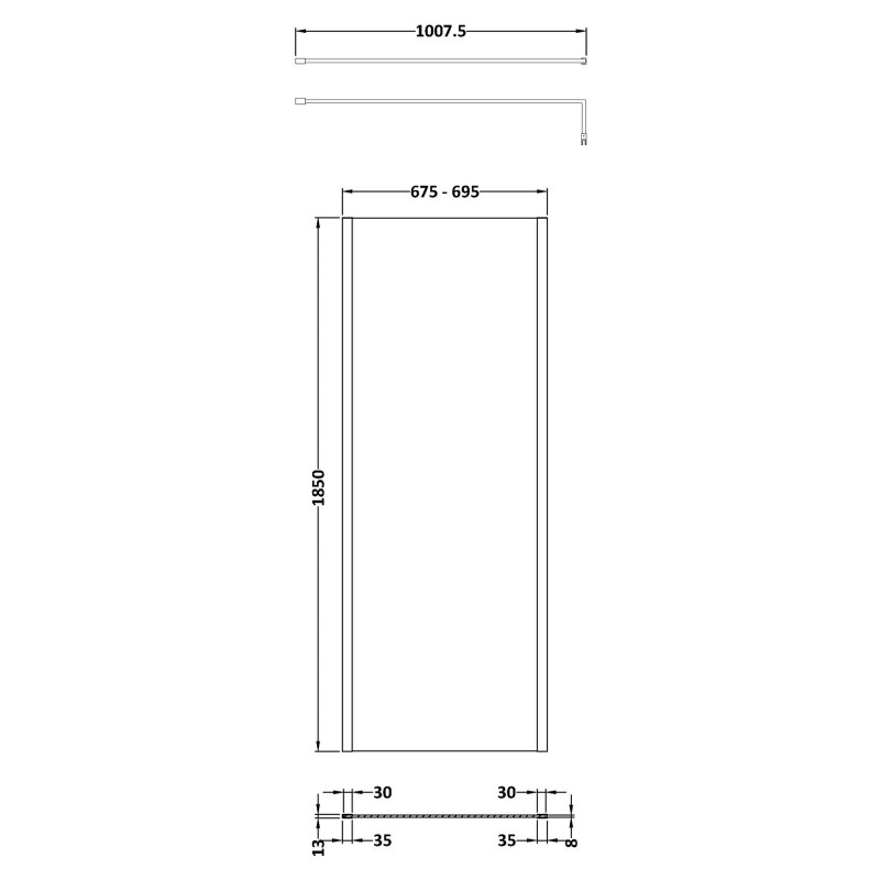 Wall Fixed 8mm Outer Framed Wetroom Screens 1850mm(H) - Brushed Brass