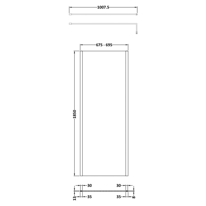 Wall Fixed 8mm Outer Framed Wetroom Screens 1850mm(H) - Brushed Brass (Includes x1 Wall Bracket) - 8 Sizes