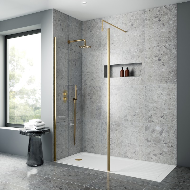 Brushed Brass Outer Framed Wetroom Screens with Support Bar - Insitu