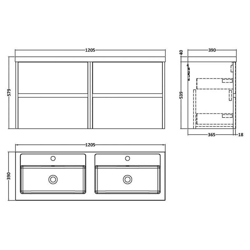 Havana 1200mm Wall Hung Four Drawer Double Basin Vanity Units