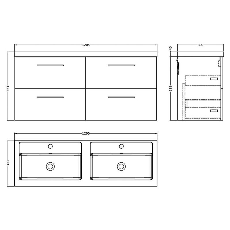 Arno 1200mm Wall Hung Four Drawer Double Basin Vanity Units