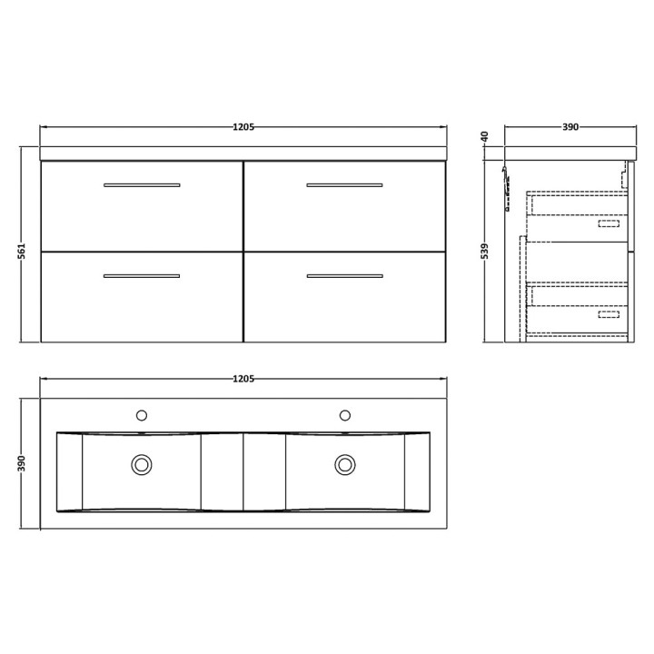 Arno 1200mm Wall Hung Four Drawer Double Basin Vanity Units