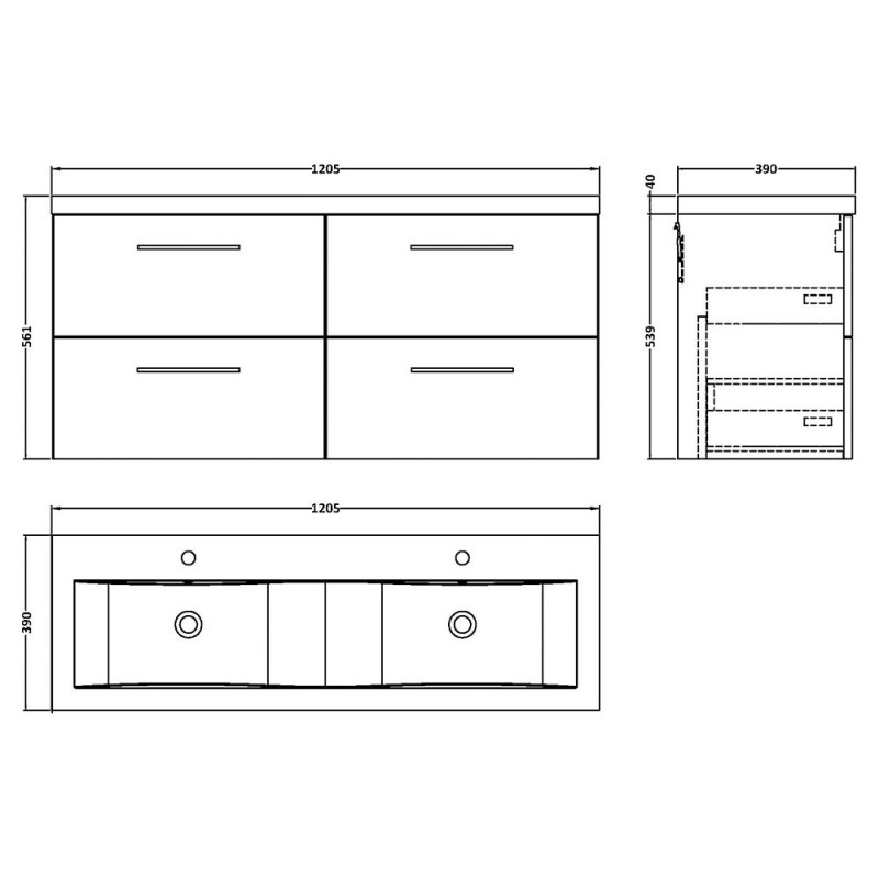 Arno 1200mm Wall Hung Four Drawer Double Basin Vanity Units