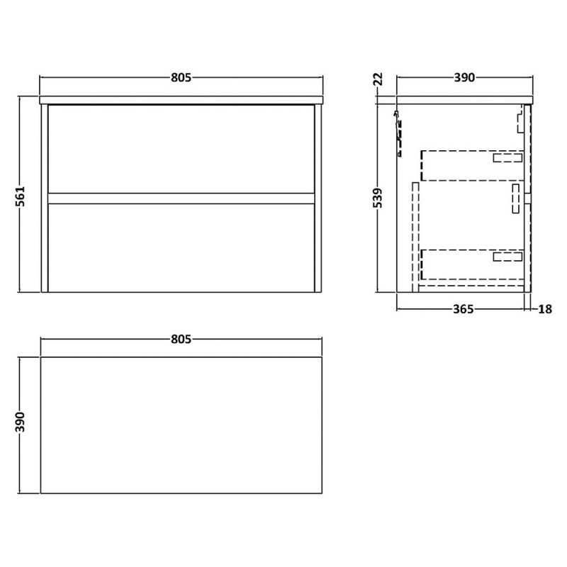 Havana 800mm Wall Hung Double Drawer Worktop Vanity Units