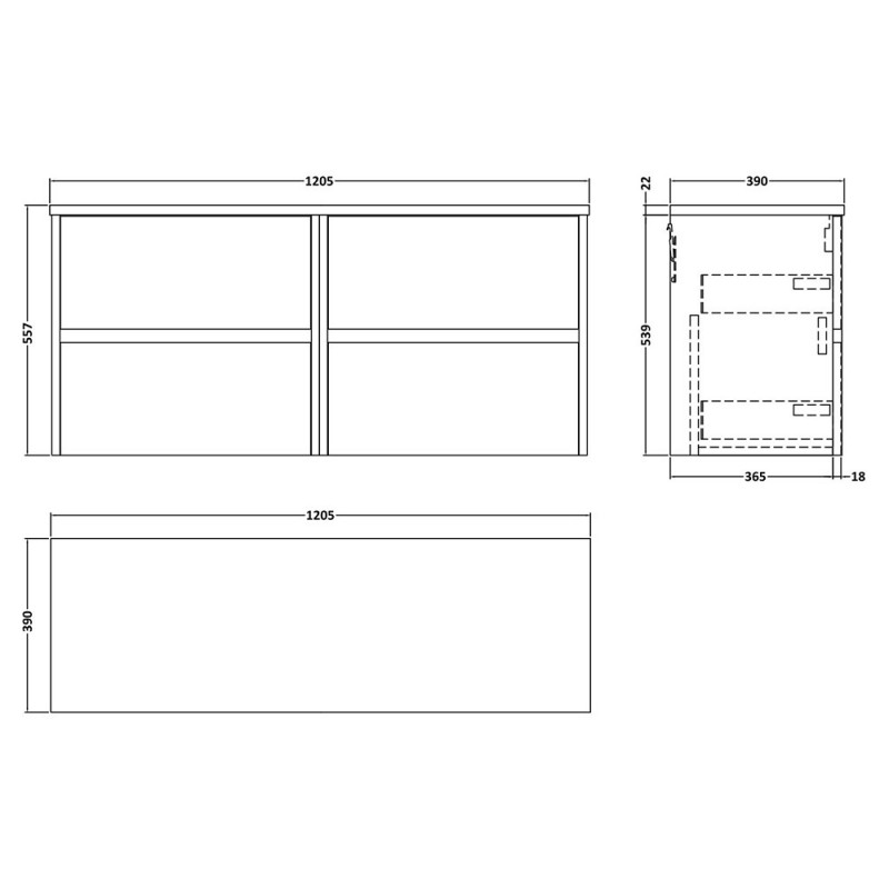 Havana 1200mm Wall Hung Four Drawer Double Basin Worktop Vanity Units