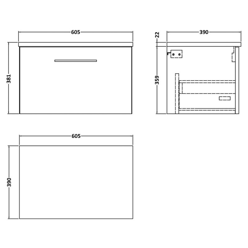 Arno 600mm Wall Hung Single Drawer Worktop Vanity Units