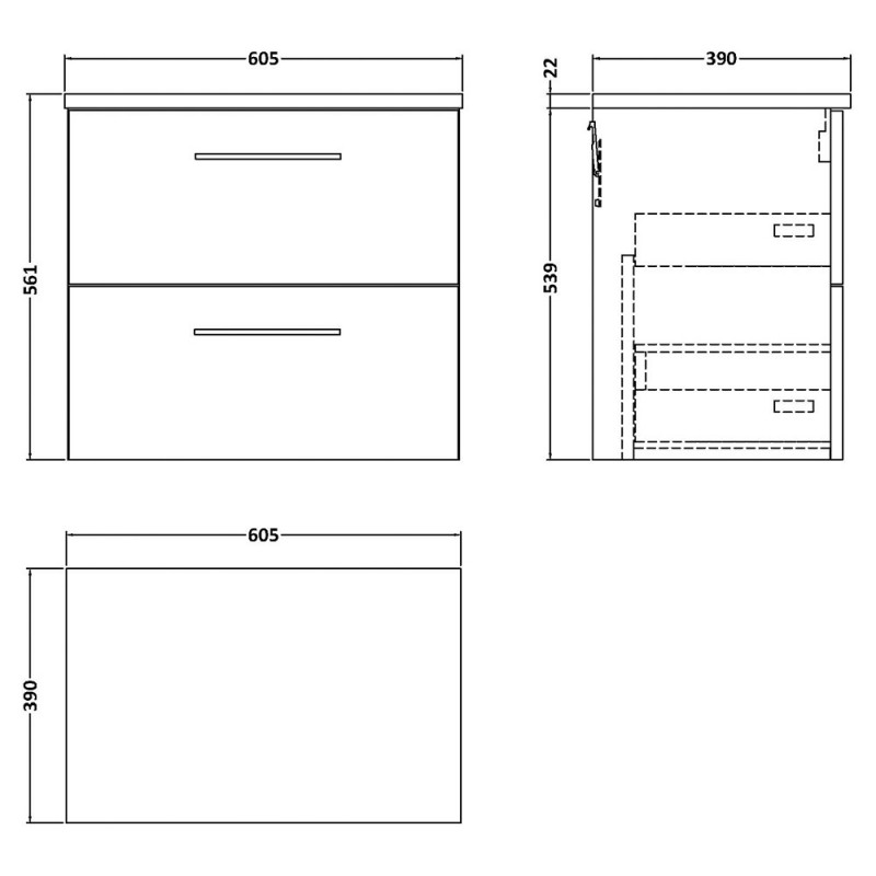 Arno 600mm Wall Hung Double Drawer Worktop Vanity Units