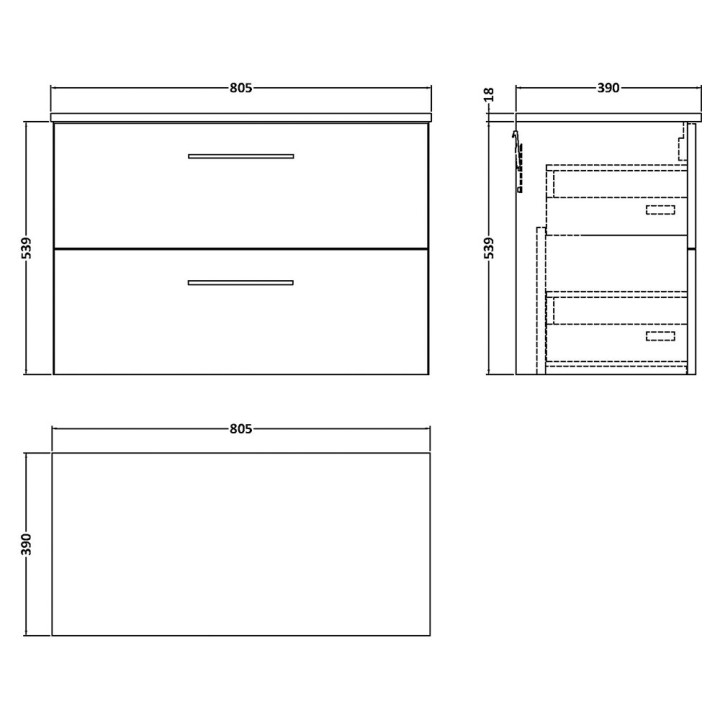 Arno 800mm Wall Hung Double Drawer Worktop Vanity Units