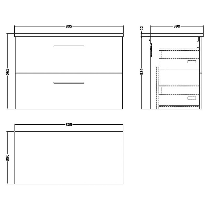 Arno 800mm Wall Hung Double Drawer Worktop Vanity Units