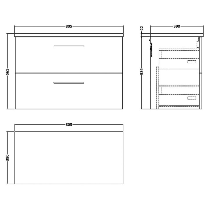 Arno 800mm Wall Hung Double Drawer Worktop Vanity Units