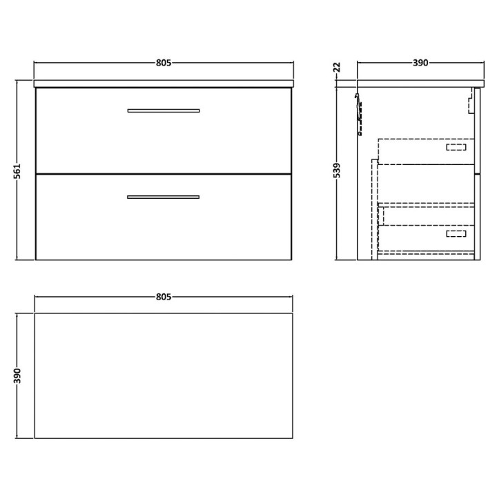 Arno 800mm Wall Hung Double Drawer Worktop Vanity Units