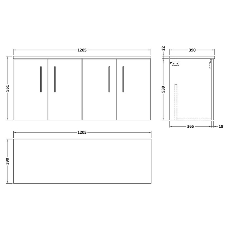 Arno 1200mm Wall Hung Double Basin Cupboard Worktop Vanity Units