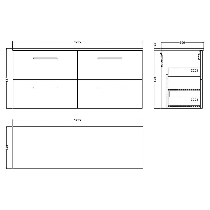 Arno 1200mm Wall Hung Four Drawer Double Basin Worktop Vanity Units